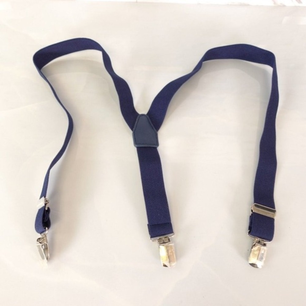 Boy Leather Navy Blue Y Back Classic Suspenders Solid Silver Clip Stretch Braces